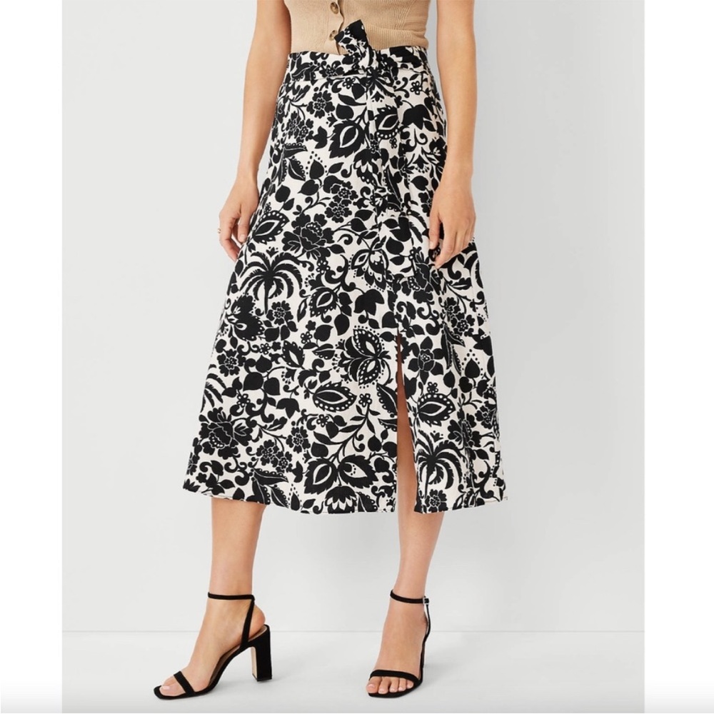 Ann Taylor Tropical Linen Blend Tie Waist Midi Skirt Black & Ivory Size 2